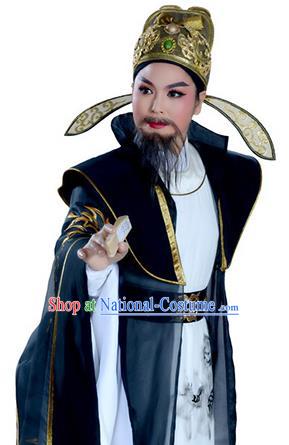 Lu Yu Wen Cha Chinese Yue Opera Laosheng Elderly Male Costumes Apparels and Headwear Shaoxing Opera Ministry Councillor Garment