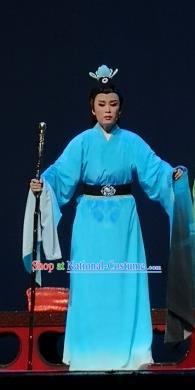 Chinese Yue Opera Scholar Wang Xianzhi Blue Robe Wu Yi Lane Garment and Headwear Shaoxing Opera Xiaosheng Young Male Apparels Costumes