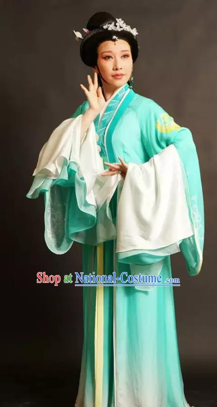 Chinese Shaoxing Opera Young Female Xi Daomao Green Dress Costumes and Headpieces Wu Yi Lane Yue Opera Hua Tan Apparels Actress Garment