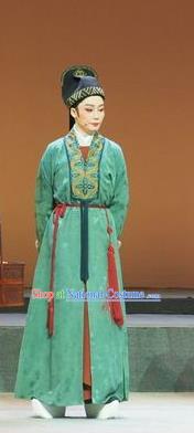 Su Qin Chinese Yue Opera Xiaosheng Young Male Green Garment and Hat Shaoxing Opera Niche Apparels Costumes