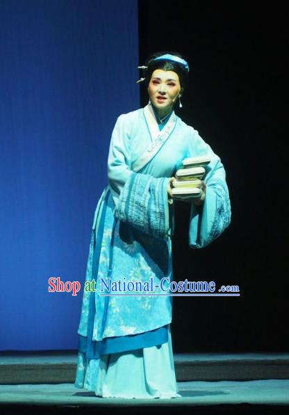 Chinese Shaoxing Opera Country Woman Blue Dress Costumes and Headpieces Su Qin Yue Opera Hua Tan Young Female Garment Apparels