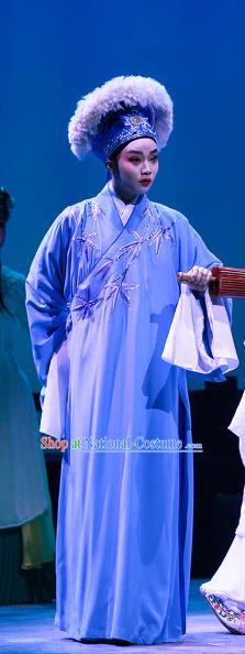 Legend of White Snake Chinese Yue Opera Young Male Apparels Costumes and Headwear Shaoxing Opera Scholar Xu Xian Garment Embroidered Blue Robe