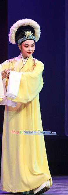 Legend of White Snake Chinese Yue Opera Scholar Apparels Costumes and Headwear Shaoxing Opera Young Male Xu Xian Embroidered Yellow Robe Garment