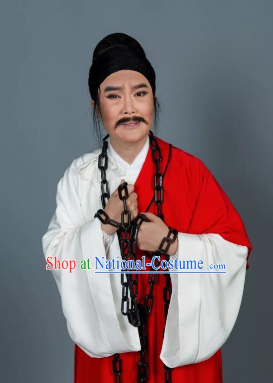 Baozheng Tears Chinese Yue Opera Prisoner Apparels and Headwear Shaoxing Opera Middle Age Male Garment Costumes