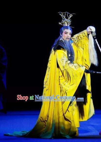 The Story of Goddess Chinese Yue Opera Laosheng Huang Di Apparels and Headwear Shaoxing Opera Elderly Male Emperor Garment Costumes