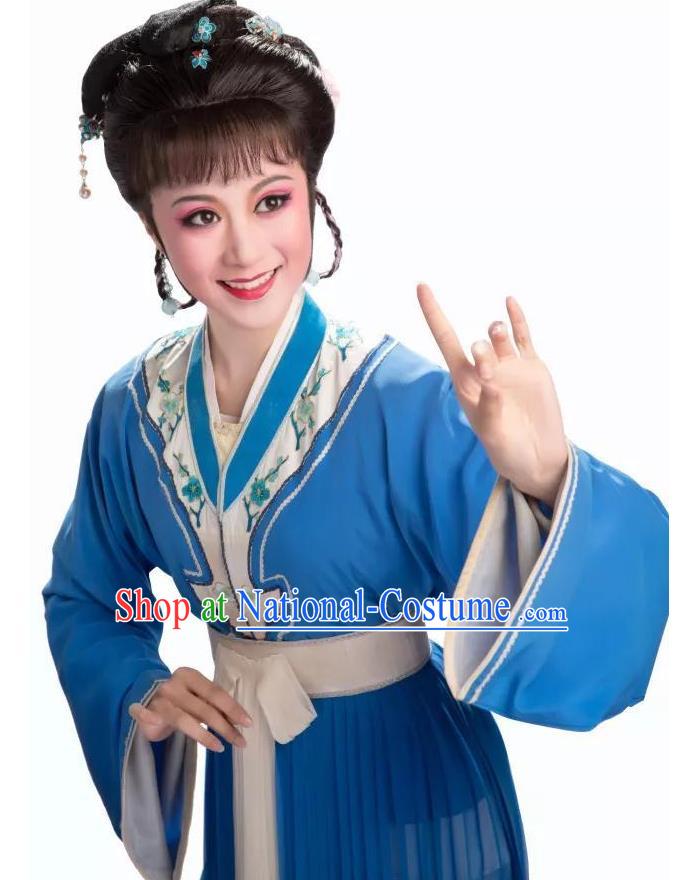 Chinese Shaoxing Opera Xiao Dan Apparels Hua Zhong Jun Zi Costumes and Headpieces Yue Opera Young Lady Blue Dress Garment