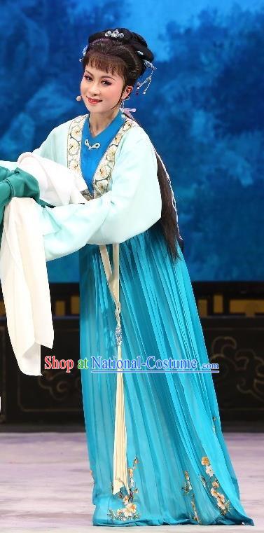 Chinese Shaoxing Opera Actress Chen Sanliang Apparels Hua Zhong Jun Zi Costumes and Headpieces Yue Opera Hua Tan Blue Dress Garment