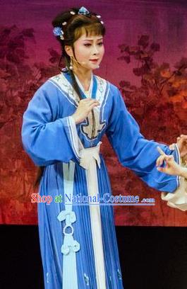 Chinese Shaoxing Opera Young Female Blue Dress Apparels Costumes and Hair Accessories Yue Opera Hua Zhong Jun Zi Actress Garment