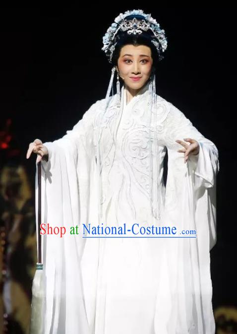 Chinese Shaoxing Opera Young Female Su Nv Costumes and Headdress The Story of Goddess Yue Opera Hua Tan Garment Apparels