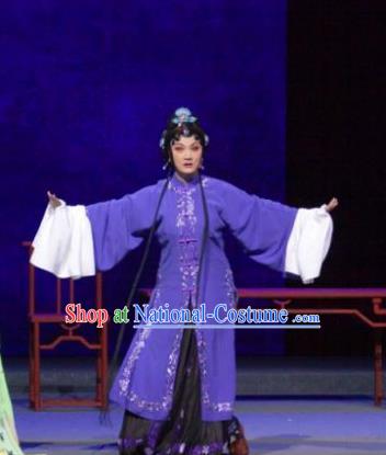 Chinese Shaoxing Opera Hua Tan Purple Dress Costumes and Headpieces Tuan Yuan Zhi Hou Yue Opera Distress Maiden Garment Apparels