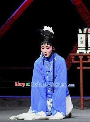 Chinese Shaoxing Opera Tsing Yi Blue Dress Costumes and Headdress Tuan Yuan Zhi Yue Opera Actress Distress Maiden Garment Apparels