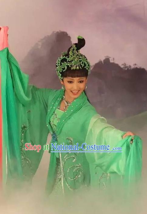 Chinese Shaoxing Opera Young Lady Xiao Qing Garment Costumes and Headdress Legend of White Snake Yue Opera Actress Green Dress Apparels