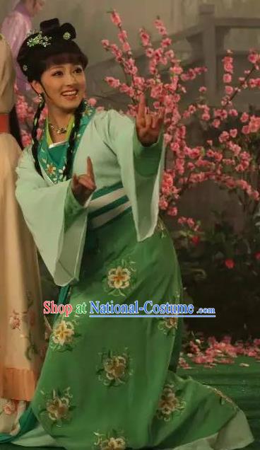 Chinese Shaoxing Opera Servant Girl Garment Apparels and Headpieces Legend of White Snake Yue Opera Xiao Dan Green Dress Costumes