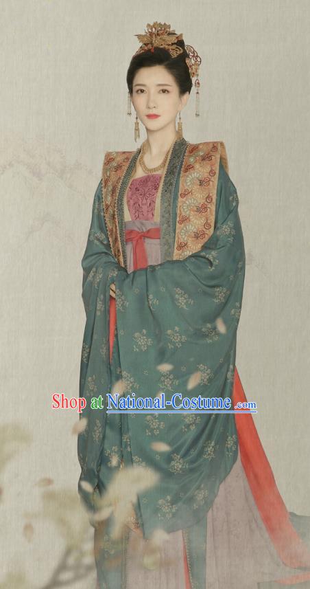 Traditional Chinese Ancient Royal Queen Cao Danshu Historical Costumes Drama Serenade of Peaceful Joy Song Dynasty Empress Hanfu Dress and Hair Jewelry