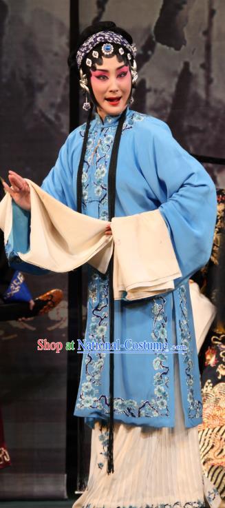 Xianglian Case Chinese Shaoxing Opera Tsing Yi Blue Cape Apparels Costumes and Headdress Yue Opera Distress Maiden Actress Qin Xianglian Garment