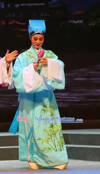 Chinese Yue Opera Young Man Qing Jian Fan Ying Apparels and Headwear Shaoxing Opera Xiaosheng Garment Scholar Green Embroidered Robe Costumes