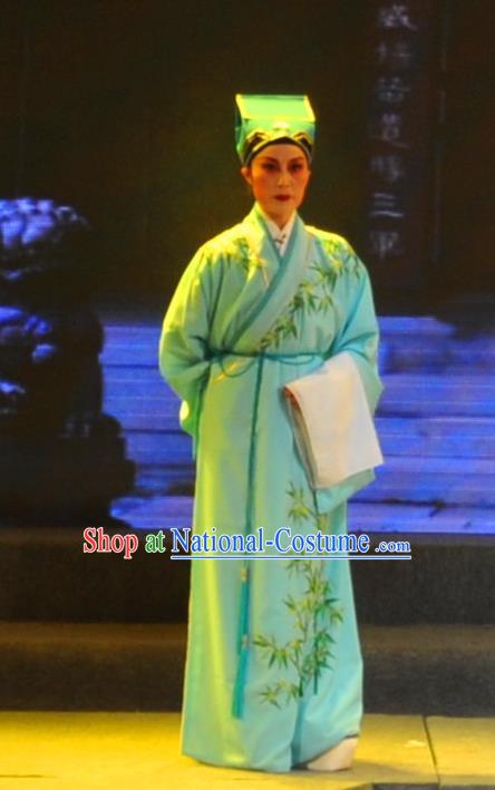 Chinese Yue Opera Young Man Qing Jian Fan Ying Apparels and Headwear Shaoxing Opera Xiaosheng Garment Scholar Green Embroidered Robe Costumes