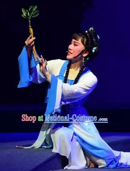 Chinese Shaoxing Opera Village Girl Blue Dress Costumes and Headpieces Hu Po Yuan Yue Opera Country Woman Jin Sulan Garment Apparels