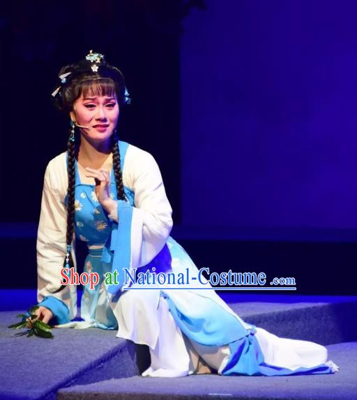 Chinese Shaoxing Opera Village Girl Blue Dress Costumes and Headpieces Hu Po Yuan Yue Opera Country Woman Jin Sulan Garment Apparels