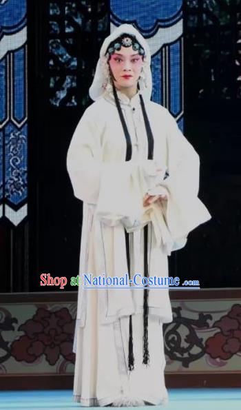 Chinese Shaoxing Opera Distress Maiden White Dress Apparels Costumes and Headdress Bai Sui Gua Shuai Yue Opera Actress Mu Guiying Garment