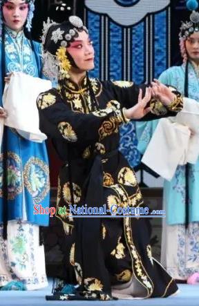 Chinese Shaoxing Opera Wu Dan Dress Apparels Costumes and Headdress Bai Sui Gua Shuai Yue Opera Martial Female Black Garment