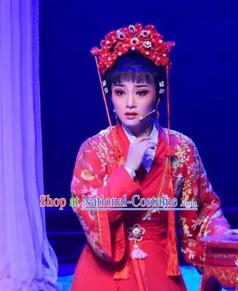 Chinese Shaoxing Opera Hua Tan Wedding Apparels Costumes and Headdress Fang Cao Meng Yue Opera Actress Red Dress Garment