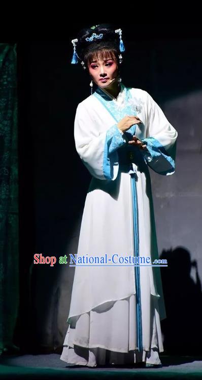 Chinese Shaoxing Opera Young Female Apparels Costumes and Headpieces Fang Cao Meng Yue Opera Hua Tan White Dress Garment