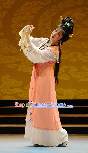 Chinese Shaoxing Opera Hua Tan Apparels Costumes and Headdress Lian Sheng San Ji Yue Opera Actress Zhen Sixue Dress Garment