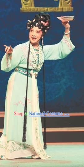 Chinese Shaoxing Opera Actress Noble Lady Green Dress Garment Apparels and Headdress Lian Sheng San Ji Yue Opera Young Female Costumes