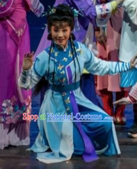 Chinese Shaoxing Opera Young Female Blue Dress Garment Apparels and Headdress Lu Ding Ji Yue Opera Actress Costumes