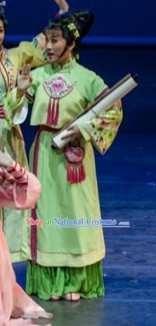 Chinese Shaoxing Opera Female Swordsman Green Dress Garment Apparels and Headdress Lu Ding Ji Yue Opera Young Lady Costumes