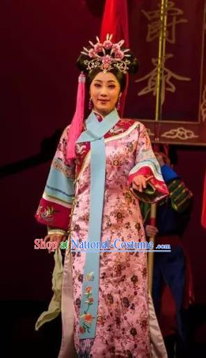 Chinese Shaoxing Opera Court Maid Qipao Dress Apparels and Headdress Lu Ding Ji Yue Opera Qing Dynasty Lady Garment Costumes