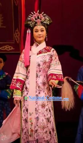 Chinese Shaoxing Opera Palace Lady Apparels and Headdress Lu Ding Ji Yue Opera Qing Dynasty Court Maid Garment Costumes Qipao Dress