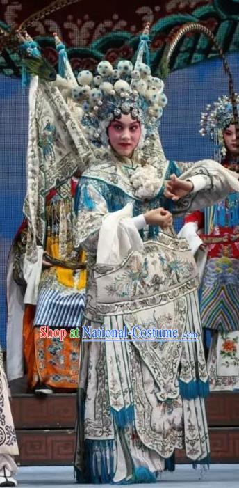 Chinese Shaoxing Opera Tao Ma Tan Mu Guiying Apparels Costumes and Headdress Bai Sui Gua Shuai Yue Opera Martial Female General Kao Armor Suit with Flags Garment