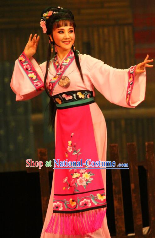 Chinese Shaoxing Opera Diva Pink Dress Apparels and Headpieces Huang Dao Po Yue Opera Woman Weaver Garment Young Female Costumes