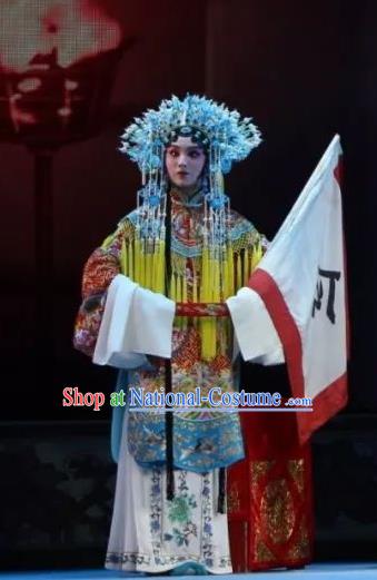 Chinese Shaoxing Opera Hua Tan Mu Guiying Apparels Costumes and Headdress Bai Sui Gua Shuai Yue Opera Actress Ceremonial Robe Garment