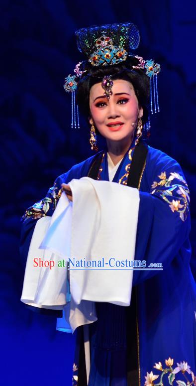 Chinese Shaoxing Opera Dowager Countess Costumes and Headdress Yue Opera Mrs Dayi Actress Infanta Chai Blue Dress Garment Apparels