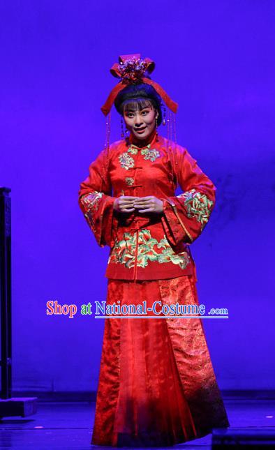 Chinese Shaoxing Opera Young Mistress Rui Jue Red Dress Apparels Costumes and Headdress The Family Yue Opera Bride Wedding Garment