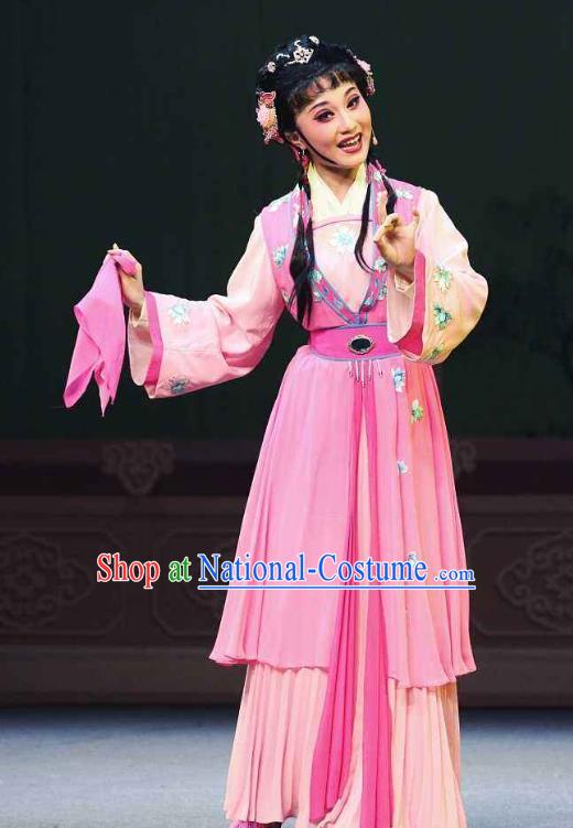 Chinese Shaoxing Opera Young Lady Pink Dress Apparels Costumes and Headpieces Chun Cao Yue Opera Servant Girl Garment