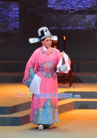 Chinese Yue Opera Xiaosheng Qing Jian Fan Ying Apparels and Headwear Shaoxing Opera Young Man Garment Pink Official Embroidered Robe Costumes