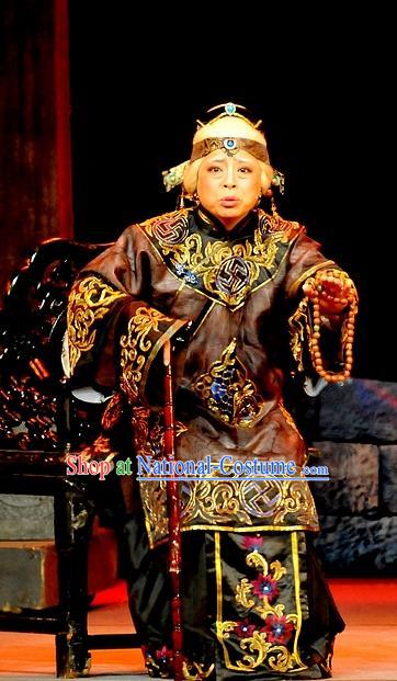 Chinese Shaoxing Opera Old Dame Dong Hua Costumes and Headdress Yue Opera Liu Hua Xi Elderly Female Dress Garment Apparels