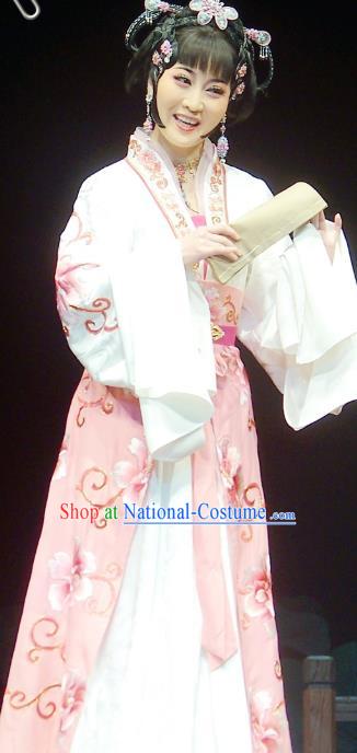 Chinese Shaoxing Opera Young Female Apparels Costumes and Headpieces Chuan Qi Lang Zi Yue Opera Xiao Dan Dress Garment