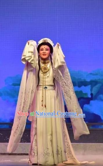 Chinese Shaoxing Opera Young Female Costumes Apparels and Headdress Yue Opera Goddess of Mercy Dress Garment