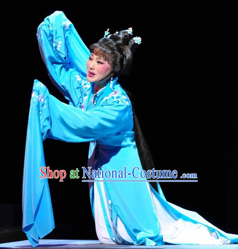 Chinese Shaoxing Opera Diva Blue Water Sleeve Dress Apparels Costumes and Headpieces Yue Opera Hua Tan Garment