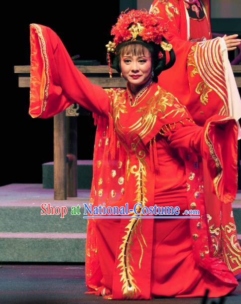 Chinese Shaoxing Opera Actress Wedding Red Dress Apparels Costumes and Headdress Yue Opera Zhang Lun Hua Tan Garment