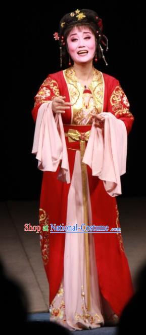 Chinese Shaoxing Opera Dan Role Fengxue Hanmei Li Sanniang Red Dress Costumes and Headpieces Yue Opera Actress Diva Garment Apparels