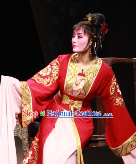 Chinese Shaoxing Opera Dan Role Fengxue Hanmei Li Sanniang Red Dress Costumes and Headpieces Yue Opera Actress Diva Garment Apparels