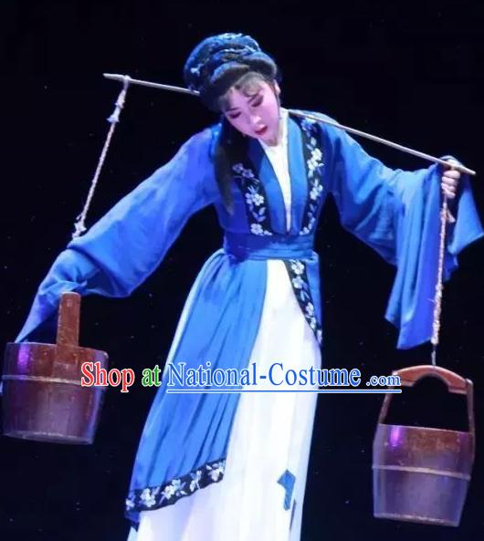 Chinese Shaoxing Opera Distress Maiden Fengxue Hanmei Li Sanniang Dress Costumes and Headpieces Yue Opera Young Female Blue Garment Apparels