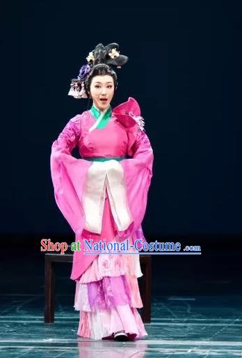 Chinese Shaoxing Opera Actress Rosy Dress Costumes and Headdress Three Charming Smiles Yue Opera Young Female Garment Apparels