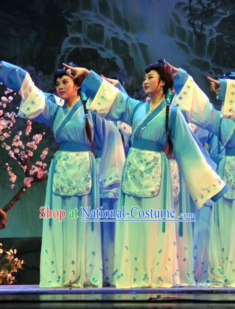 Chinese Shaoxing Opera Young Lady Blue Dress Costumes Apparels and Headpieces Hua Xi Love Song Yue Opera Xiaodan Garment